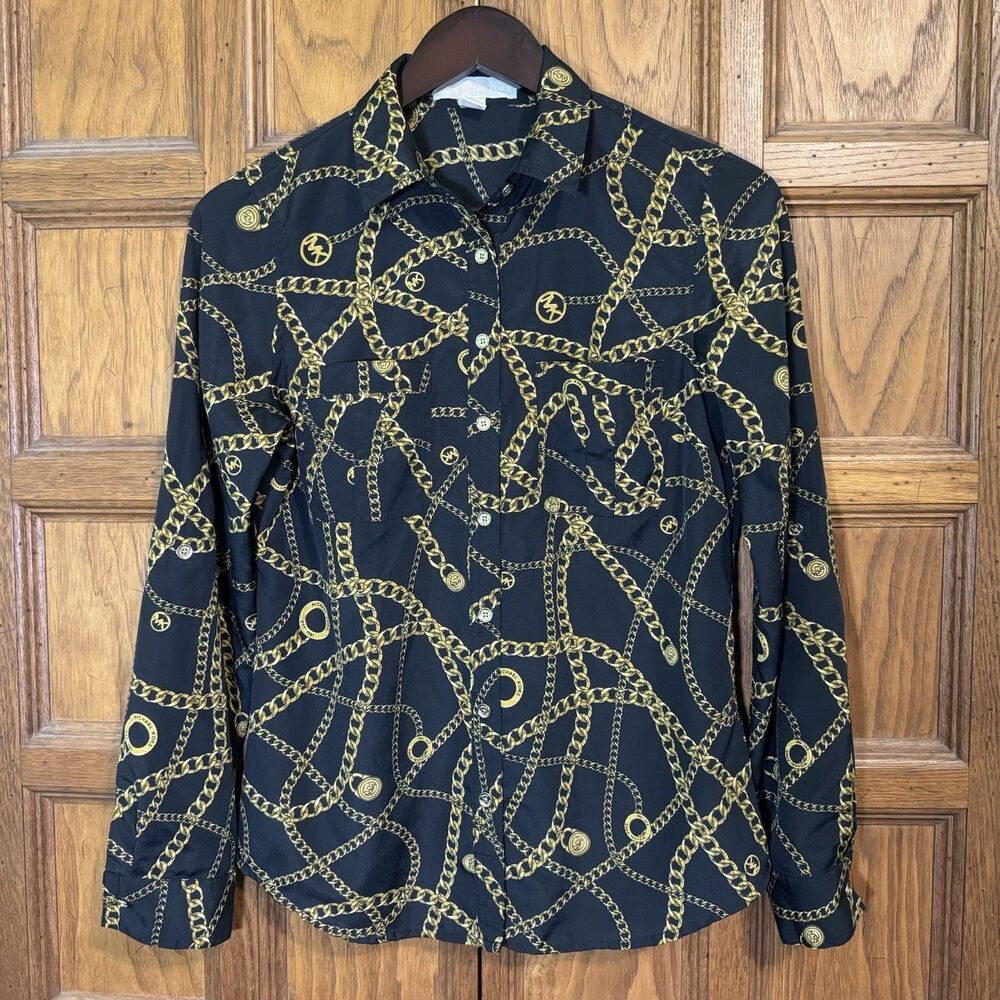 Michael Kors Logo Print Button Front Blouse Women's 4 Black & Gold Long Sleeve